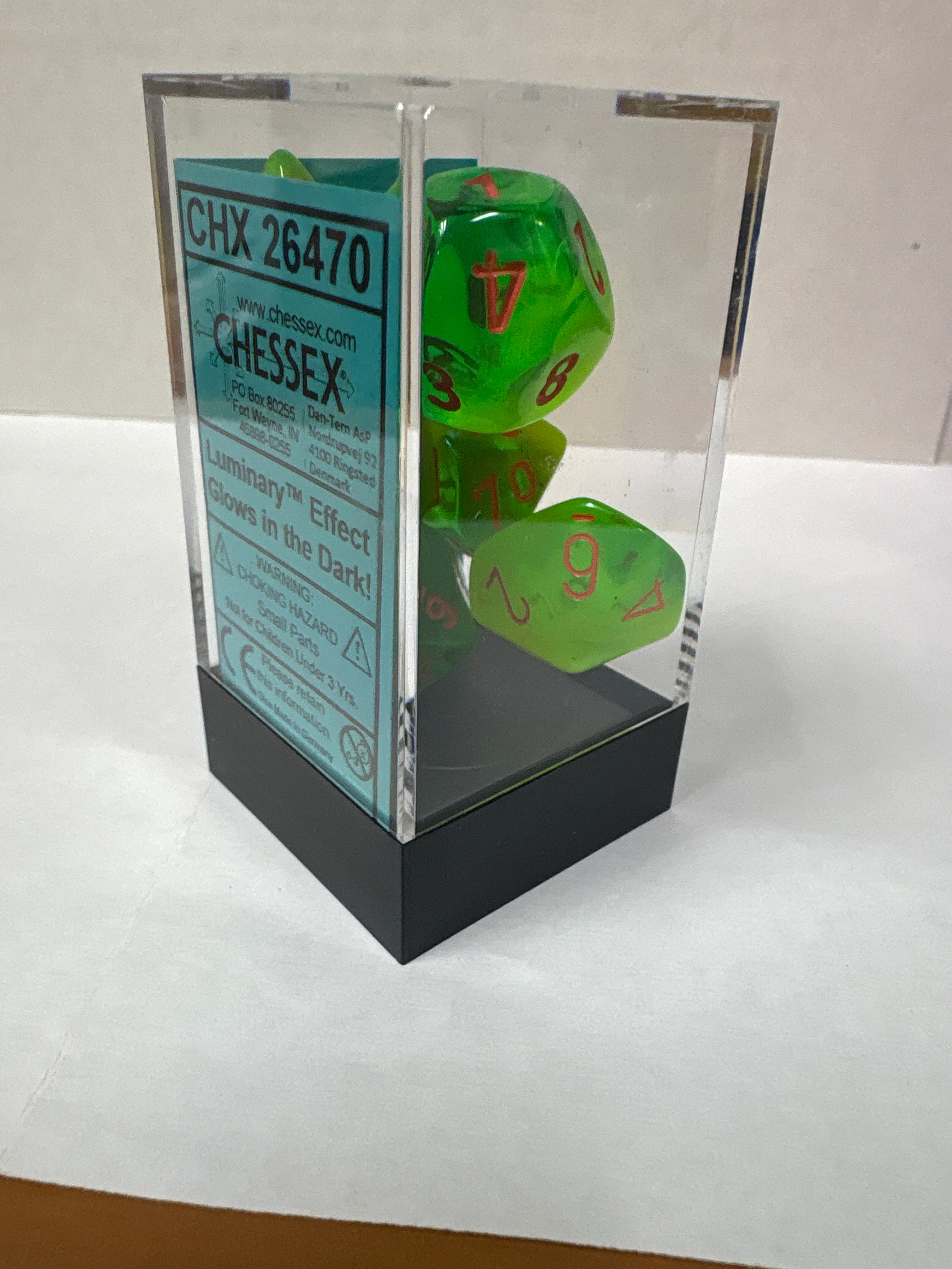 Dice set: Chessex 26470 Gemini plasma green – teal/orange polyhedral seven dice set