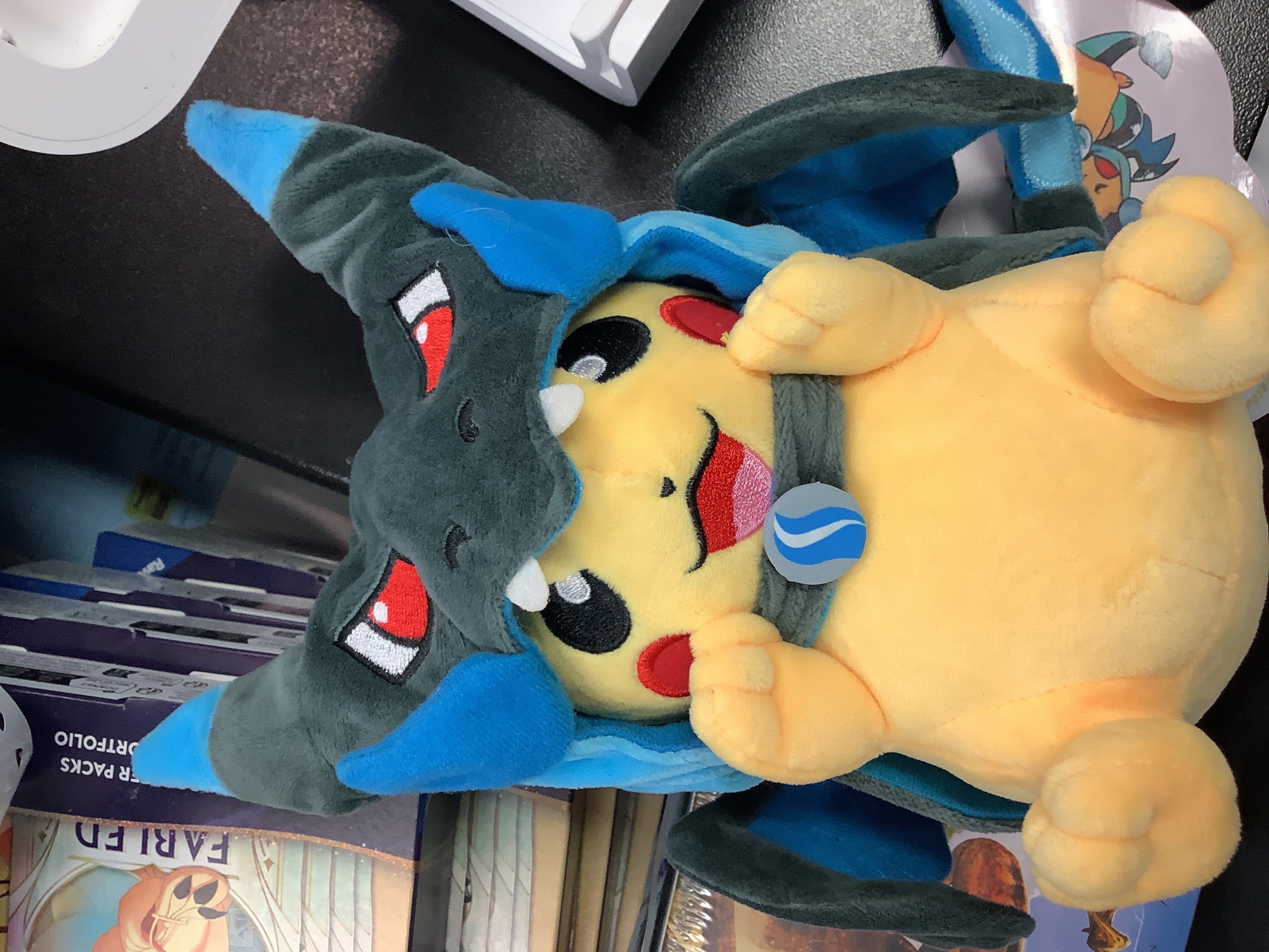 Pokemon Pikachu with mega Charizard x hood plush