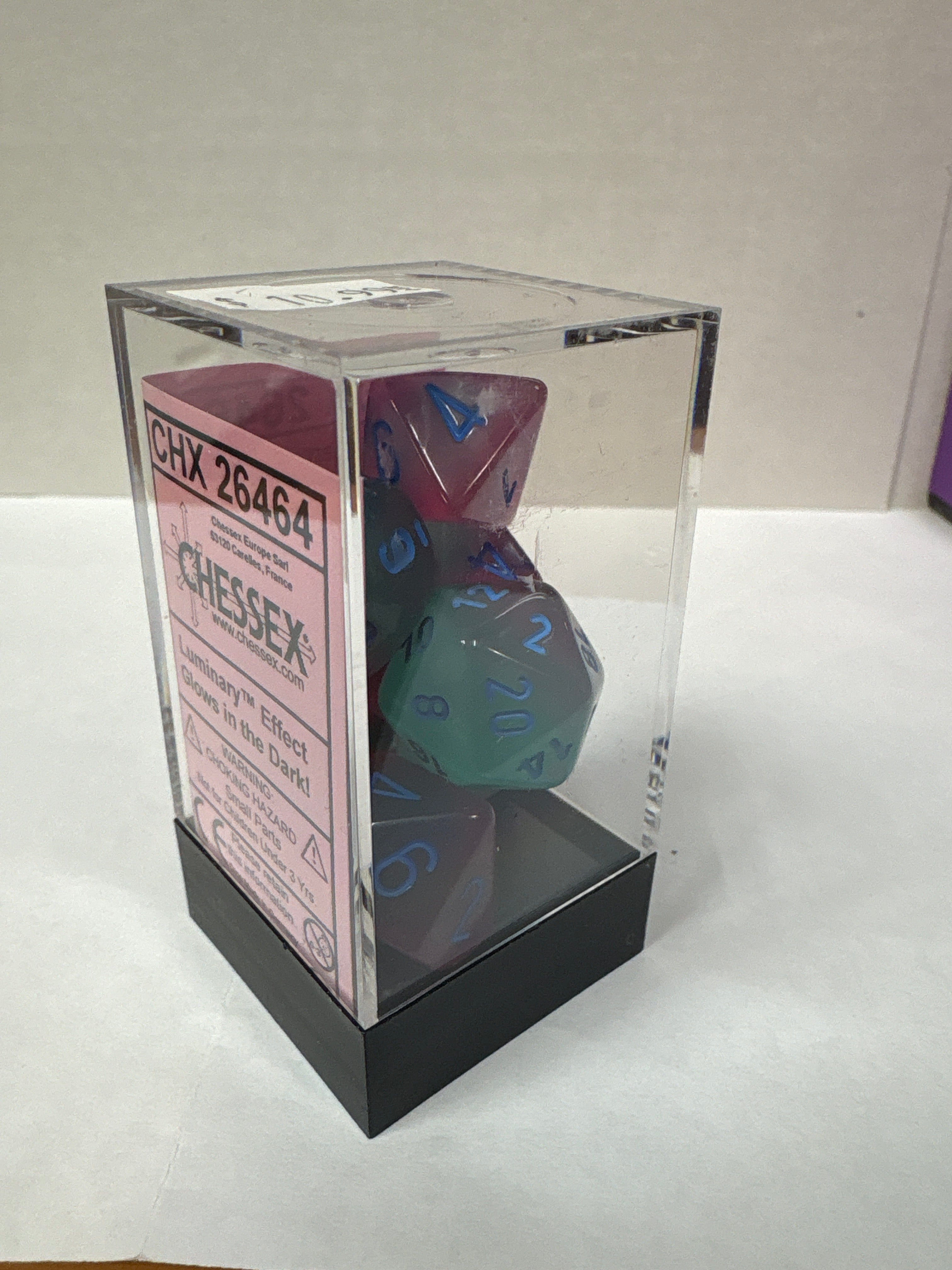 Dice set: Chessex 26464 Gemini gel green – pink/blue polyhedral seven dice set