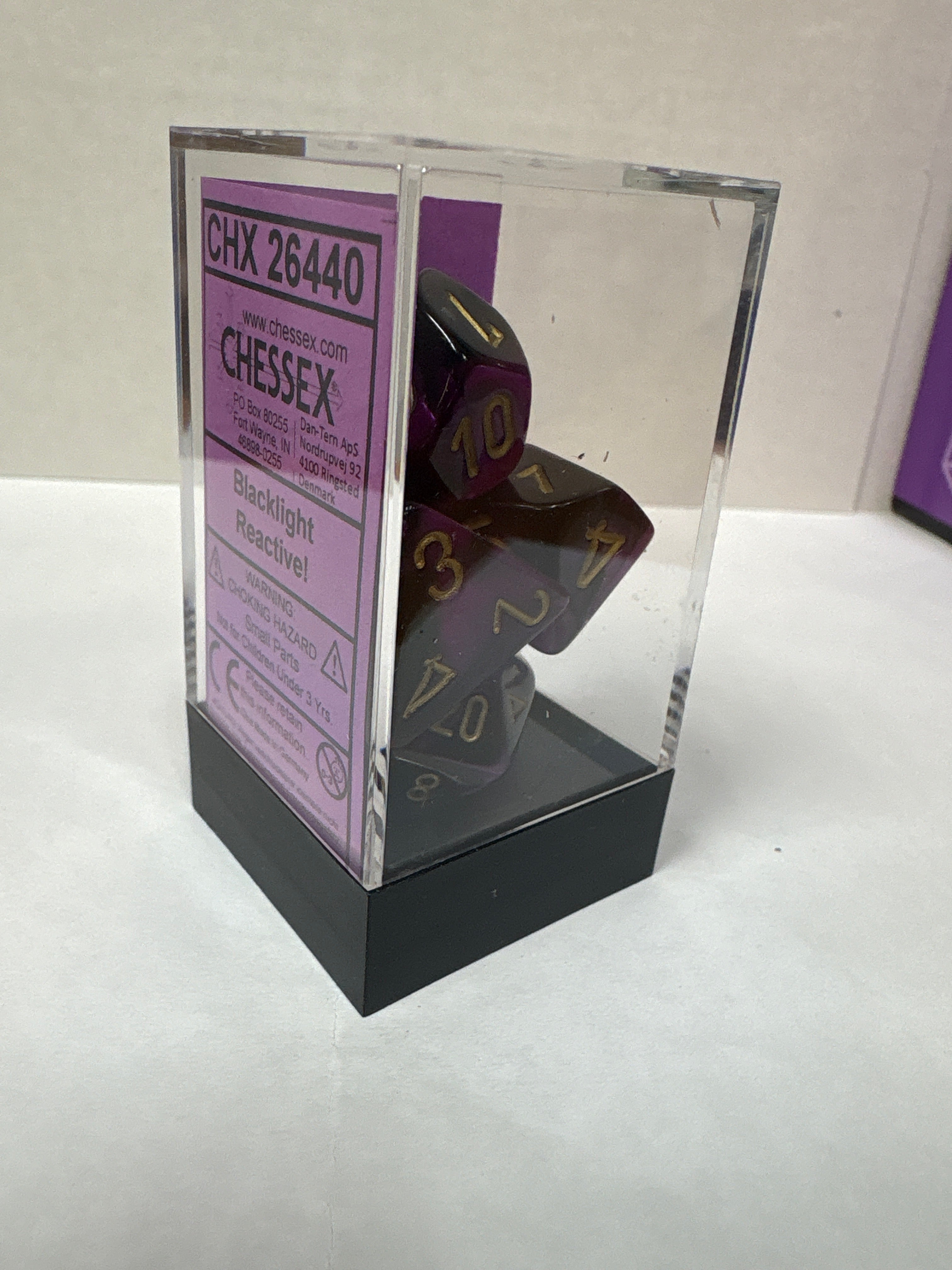 Dice set: Chessex 26440 Gemini black – purple/gold polyhedral seven dice set